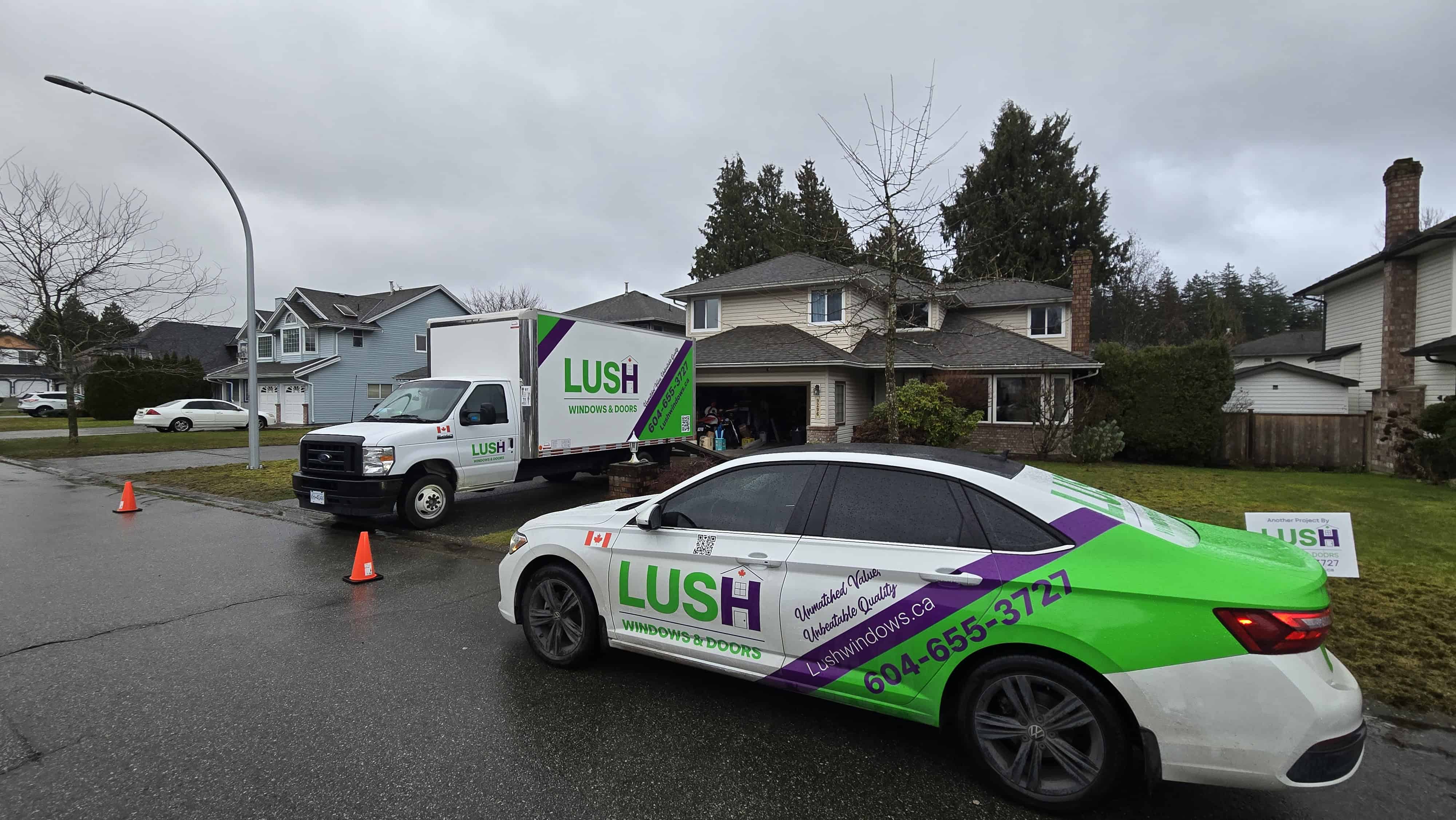 Lush Windows and Doors service vans on a Metro Vancouver residential street