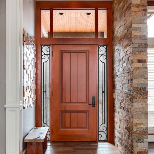 Classic wood-look entry door with glass and white trim