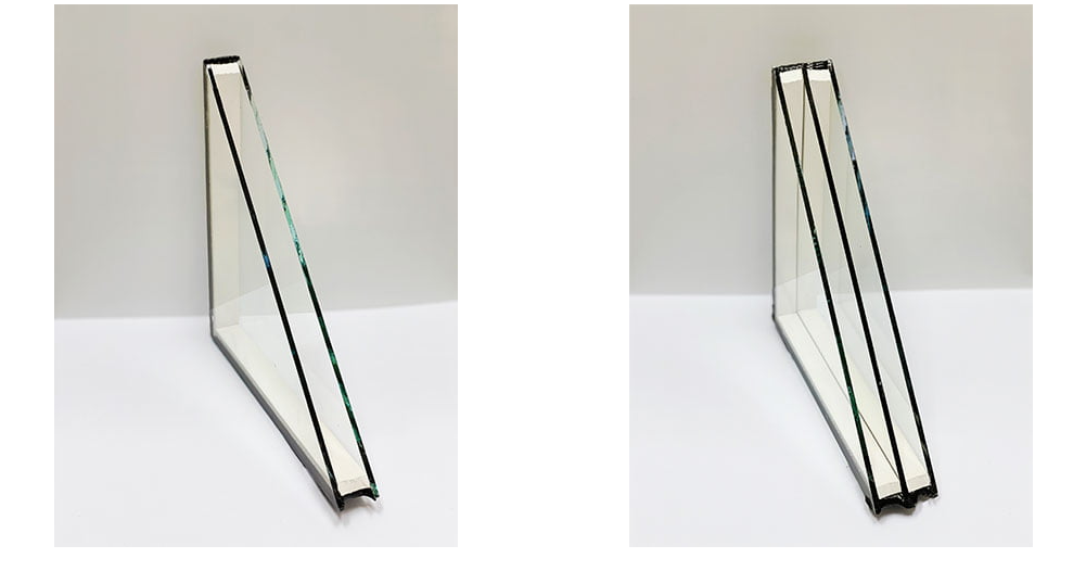 Side-by-side cross-section of double pane and triple pane insulated glass units