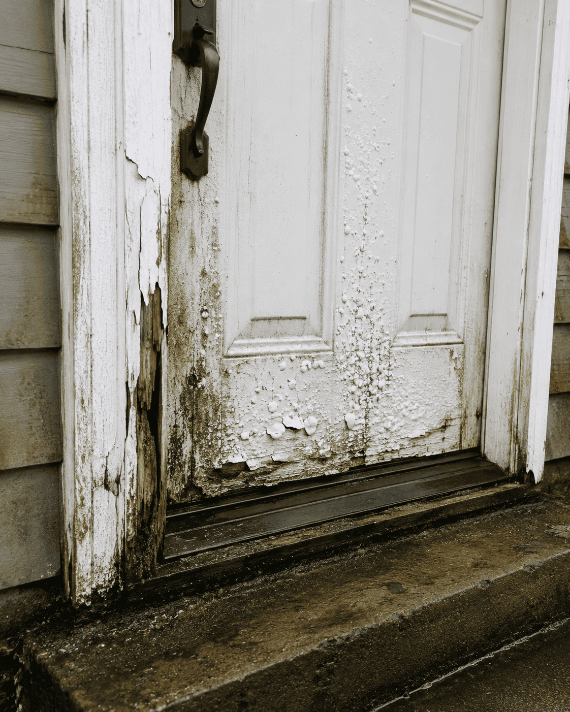 Water damage and wood rot at the bottom of an exterior entry door