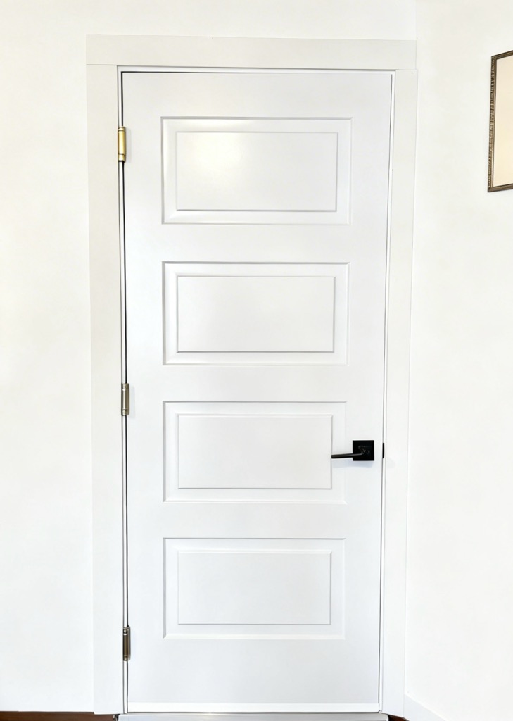 Modern white exterior door with four-panel design and black handle in Vancouver