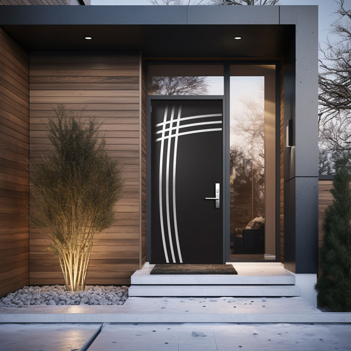 Exterior view of a stylish entry door with modern design features.