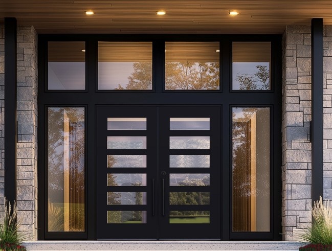 West Vancouver home showcasing black French doors with a sidelight and overhead glazing