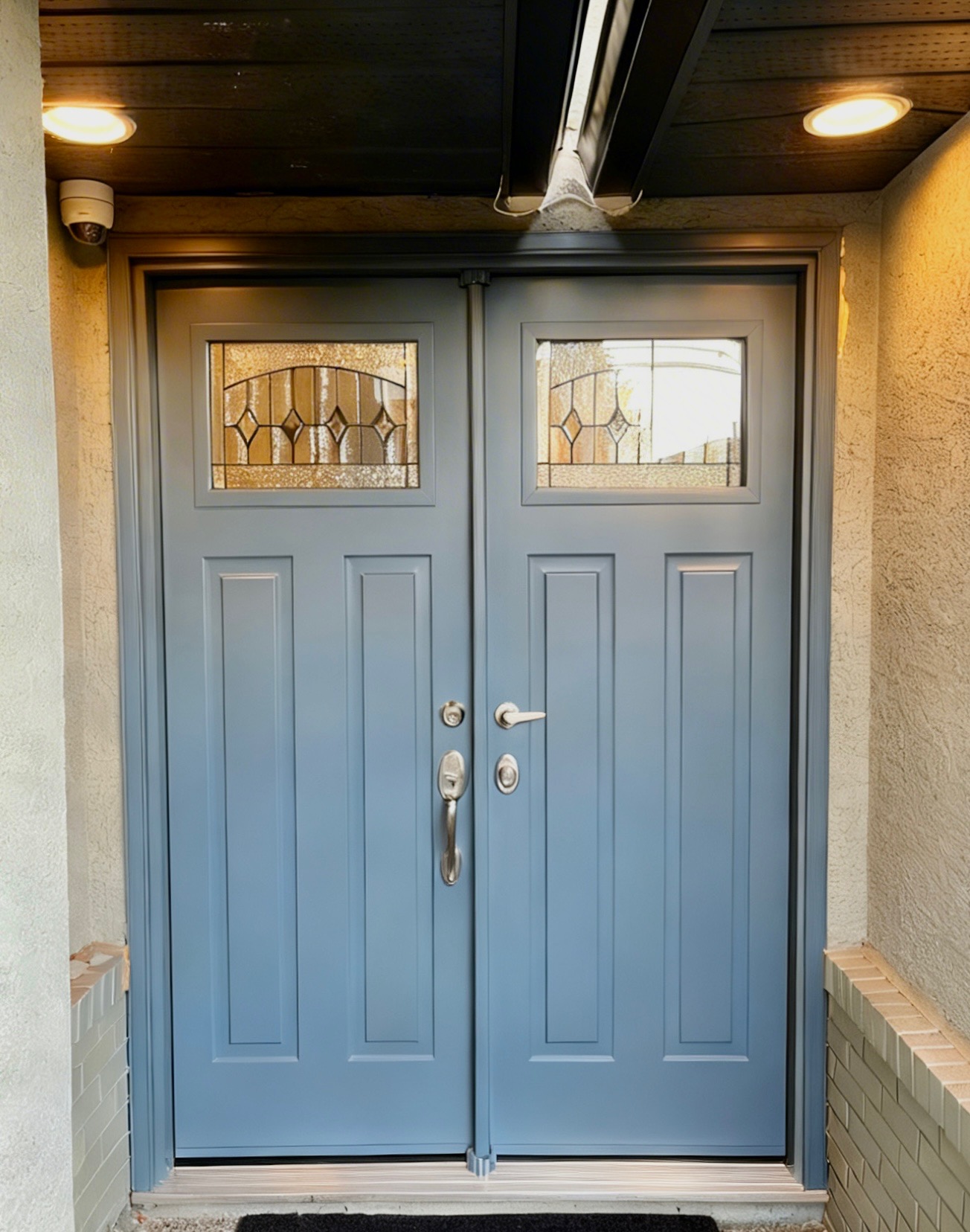 Custom double door in a Victoria Shaker style & custom blue colour replaced in a Coquitlam home